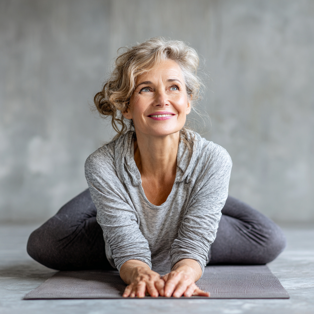 Досвідчений викладач йоги з мирною посмішкою, європейської зовнішності, середнього віку, в білому одязі для йоги