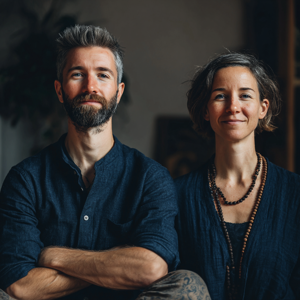 Практик йоги в природній позі дерева, європейської зовнішності, спокійний вираз обличчя, на тлі природи